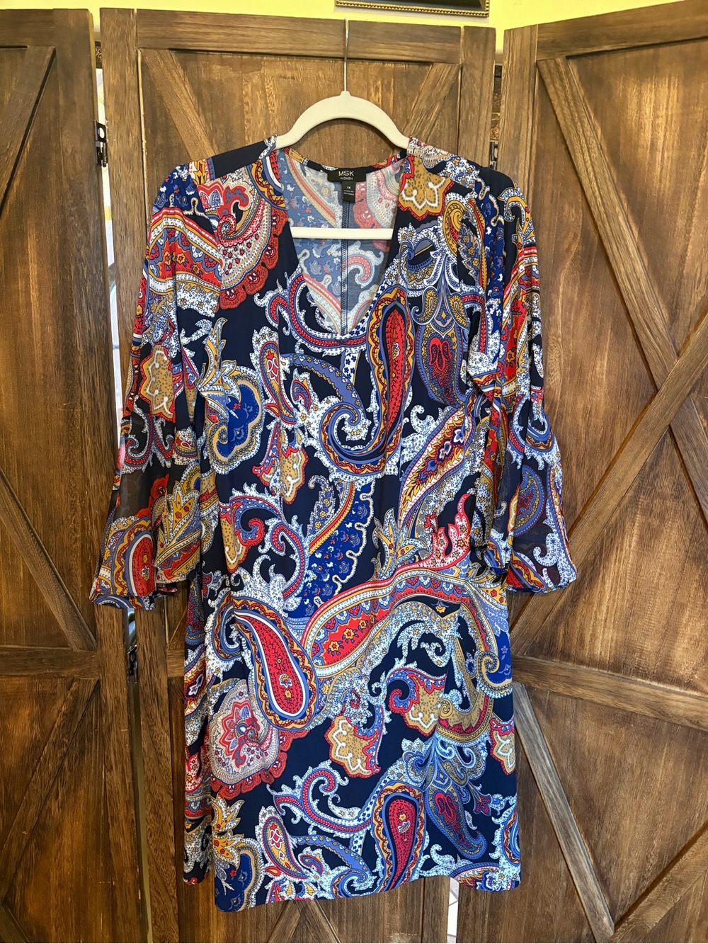 MSK Navy Paisley Long Sleeve V-Neck Shift Dress with Red and Gold Accents